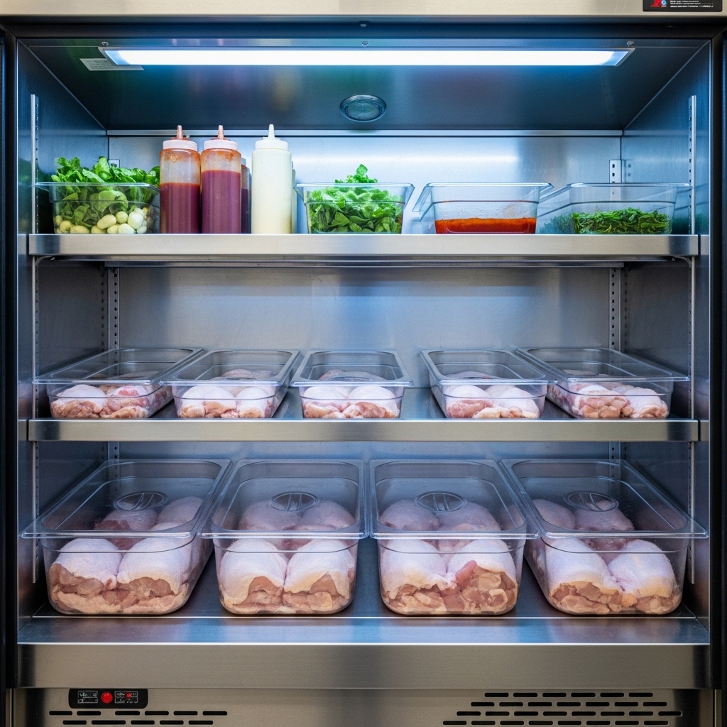 SOP penyimpanan ayam mentah potong segar Tricik Cengkareng di rak bawah chiller komersial untuk mencegah kontaminasi silang di dapur restoran B2B