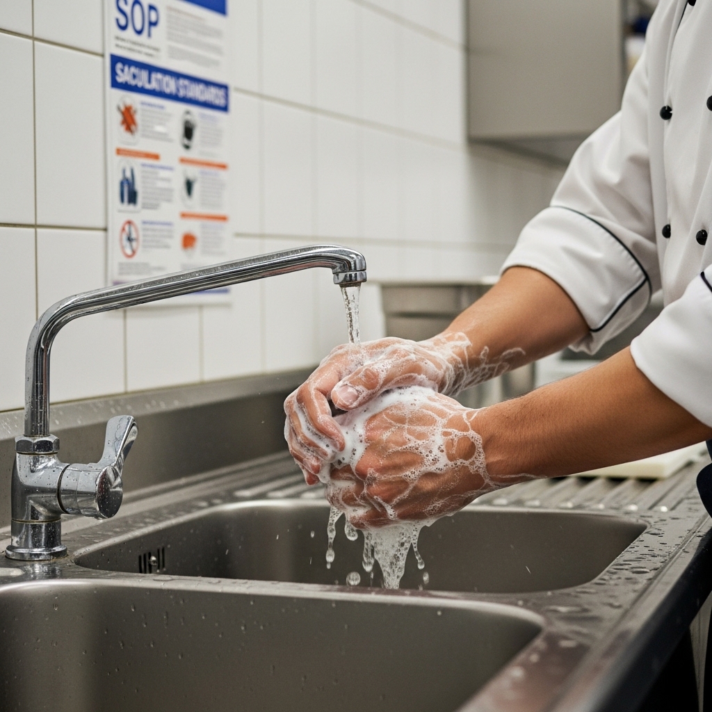 SOP cuci tangan karyawan dapur 20 detik dengan sabun setelah memegang karkas ayam mentah Tricik Cengkareng untuk standar keamanan pangan restoran B2B