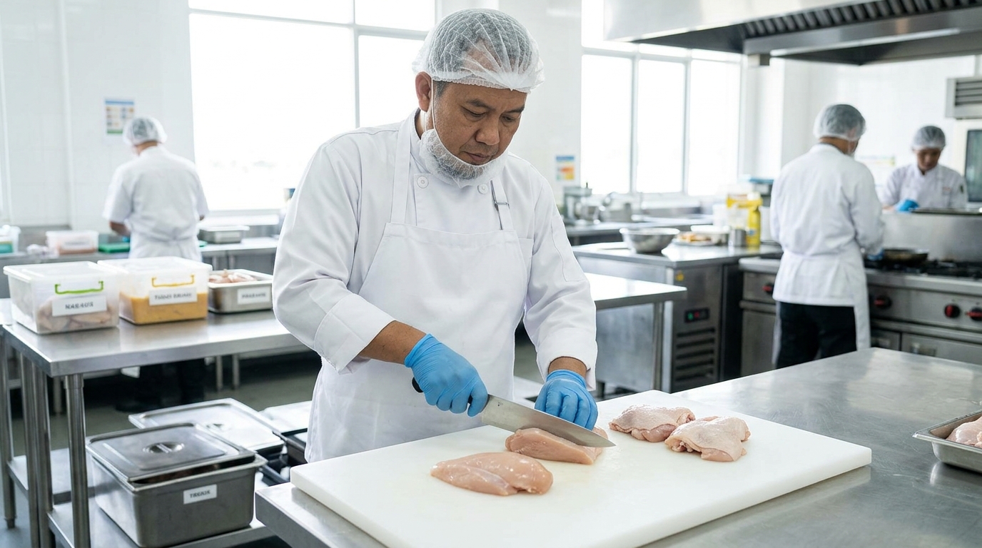Menjaga standar kebersihan pakaian koki Dapur MBG dari noda cipratan darah dengan menggunakan pasokan ayam segar kesat bebas air dari Tricik