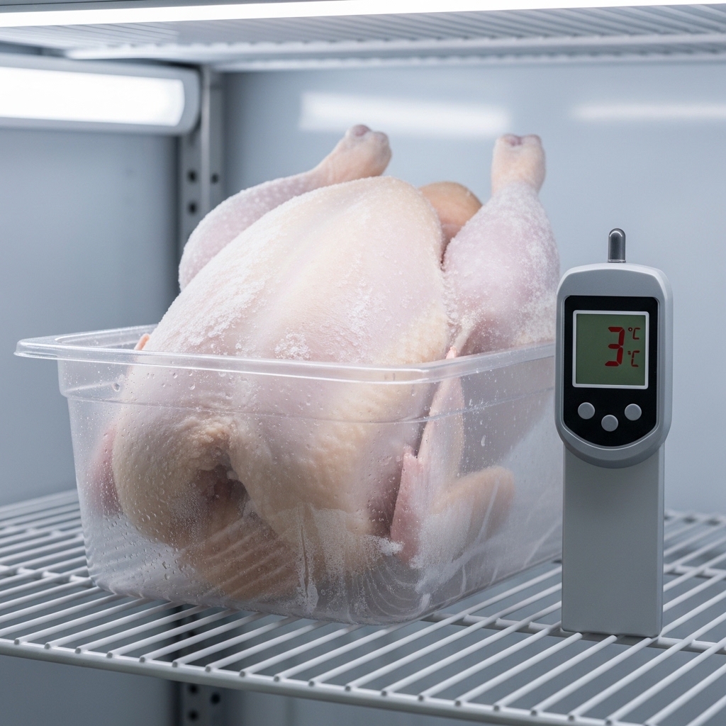 SOP slacking atau teknik thawing aman karkas ayam Tricik Cengkareng di dalam chiller kulkas untuk mencegah bakteri di restoran B2B