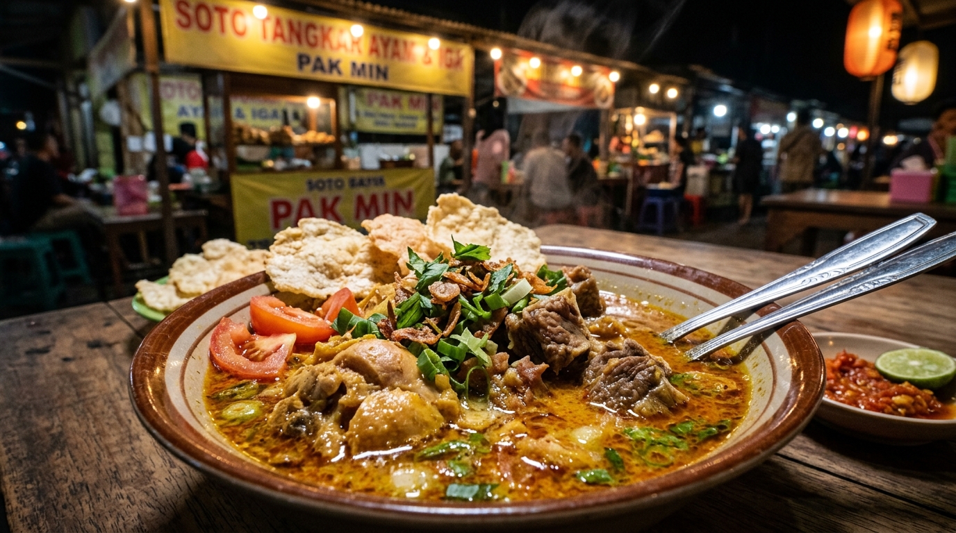 Inovasi soto tangkar ayam kaki lima dengan kuah kaldu rongkong segar dari supplier Tricik Cengkareng sebagai pengganti sapi