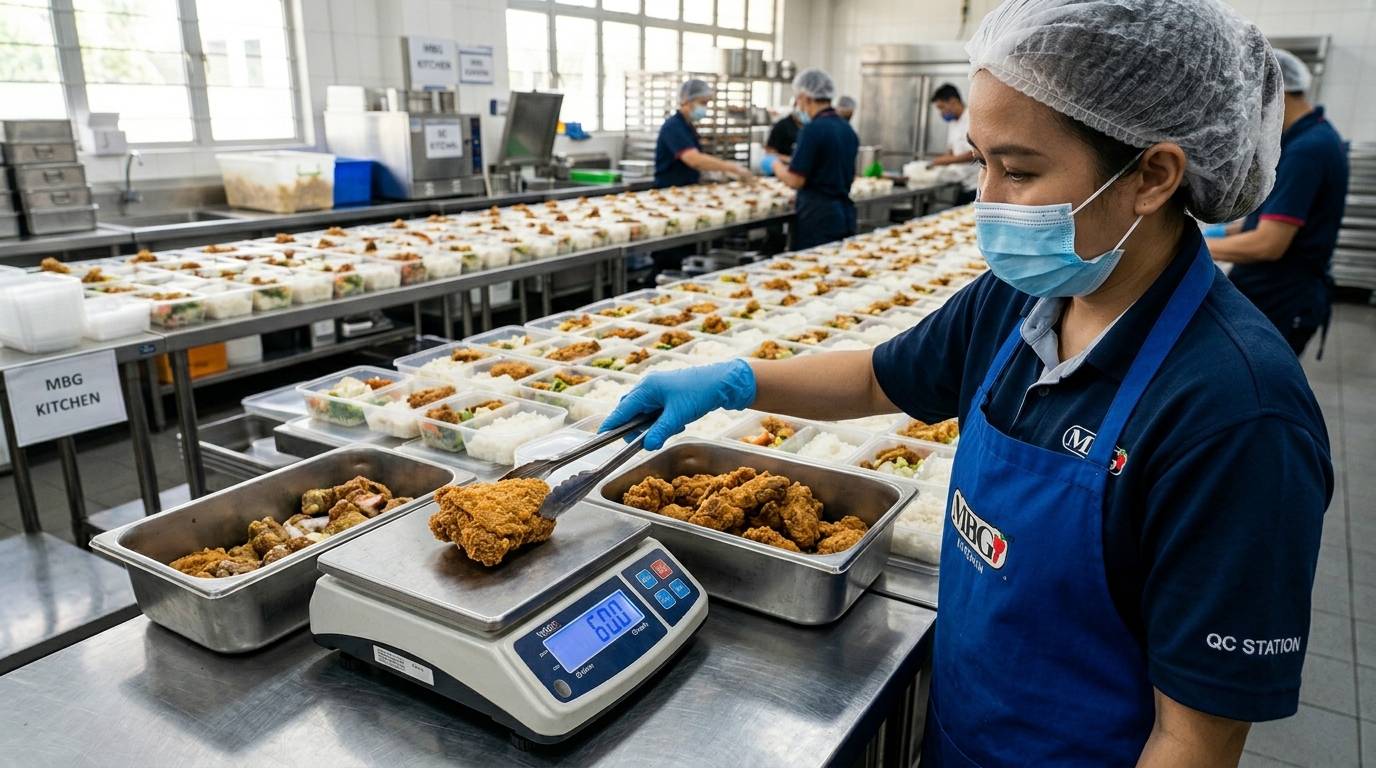 Kontrol presisi gramasi porsi gizi kotak bekal Dapur MBG yang akurat dan bebas defisit penyusutan menggunakan pasokan ayam segar dari Tricik