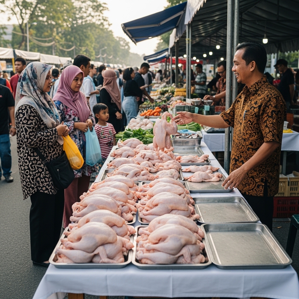 Lapak reseller ayam potong segar Tricik di bazaar Car Free Day tanpa menggunakan mesin freezer.