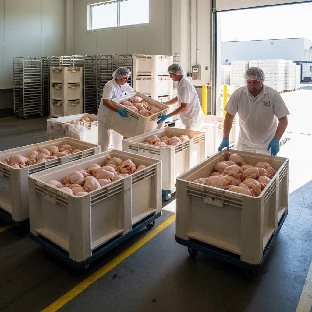 Pengiriman ayam segar B2B menggunakan bulk container ramah lingkungan oleh logistik Tricik Cengkareng untuk menekan limbah plastik katering industri