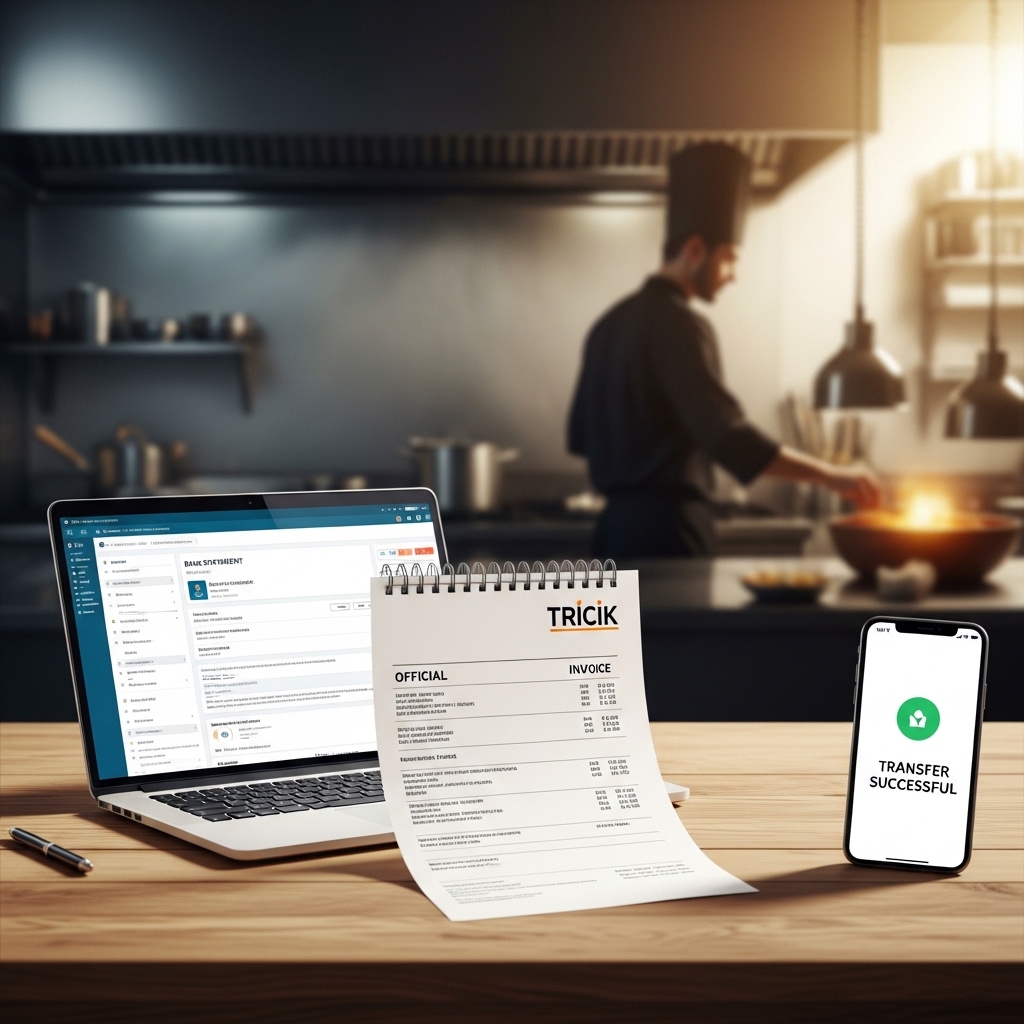 Sistem pembayaran transfer bank B2B dari supplier ayam Tricik untuk mengamankan pembukuan dan cash flow restoran.