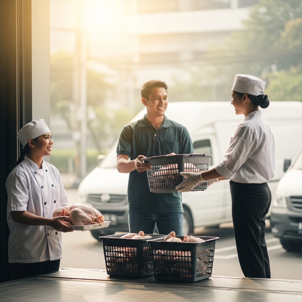 Armada logistik supplier ayam potong Cengkareng Tricik melakukan pengiriman pagi gratis ongkir untuk klien bisnis kuliner.