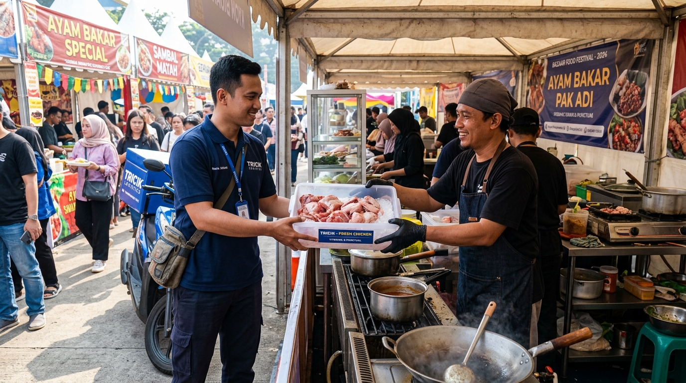 Pengiriman logistik supplier ayam segar Tricik langsung ke booth event bazar di pagi hari tanpa butuh kulkas