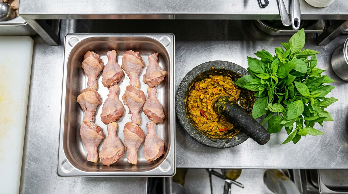 Potongan ayam segar parting 12 dari supplier B2B Tricik Cengkareng untuk efisiensi labor cost dapur restoran menu ayam woku belanga