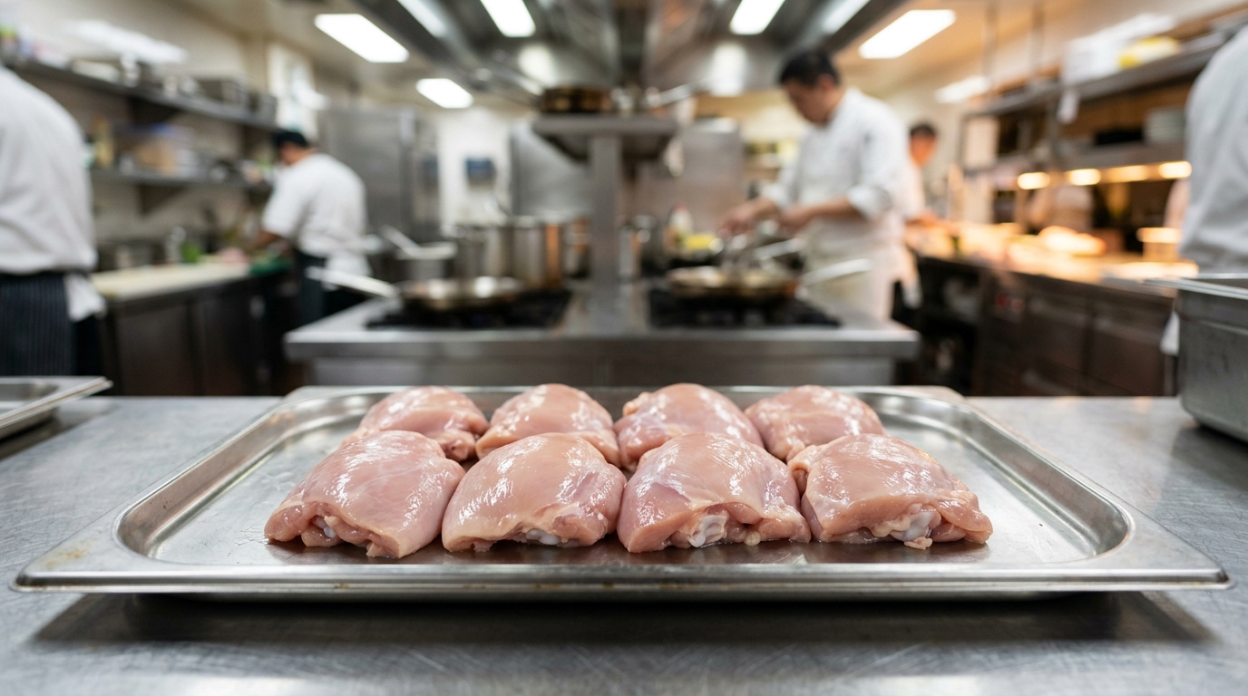 Potongan daging boneless paha ayam tanpa kulit skinless segar dari supplier Tricik untuk sate premium
