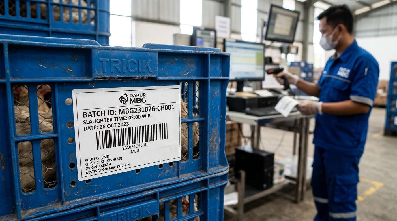 Digitalisasi sistem pelacakan batch produksi (traceability) ayam segar dengan kode Batch ID unik dari Tricik Cengkareng untuk audit transparan Dapur MBG