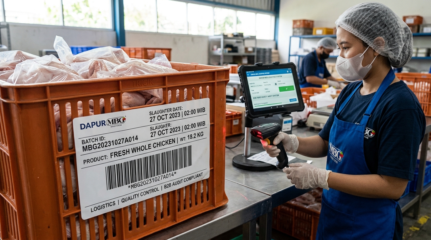 Digitalisasi sistem pelacakan batch produksi (traceability) ayam segar dengan kode Batch ID unik dari Tricik Cengkareng untuk audit transparan Dapur MBG