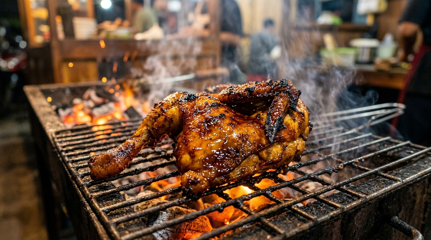 Kulit karkas ayam segar utuh dari Tricik Cengkareng menghasilkan karamelisasi bumbu kecap mengkilap pada ayam bakar Solo