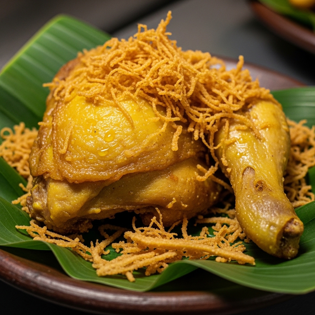 Estetika sajian ayam goreng serundeng lengkuas utuh anti hancur menggunakan karkas segar pasokan B2B Tricik Cengkareng