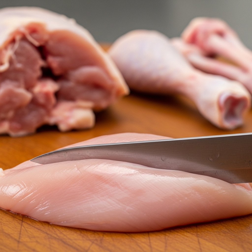 Proses filet dada lebar dari karkas ayam segar pasokan B2B Tricik Cengkareng untuk menekan HPP bisnis ayam Shihlin kaki lima