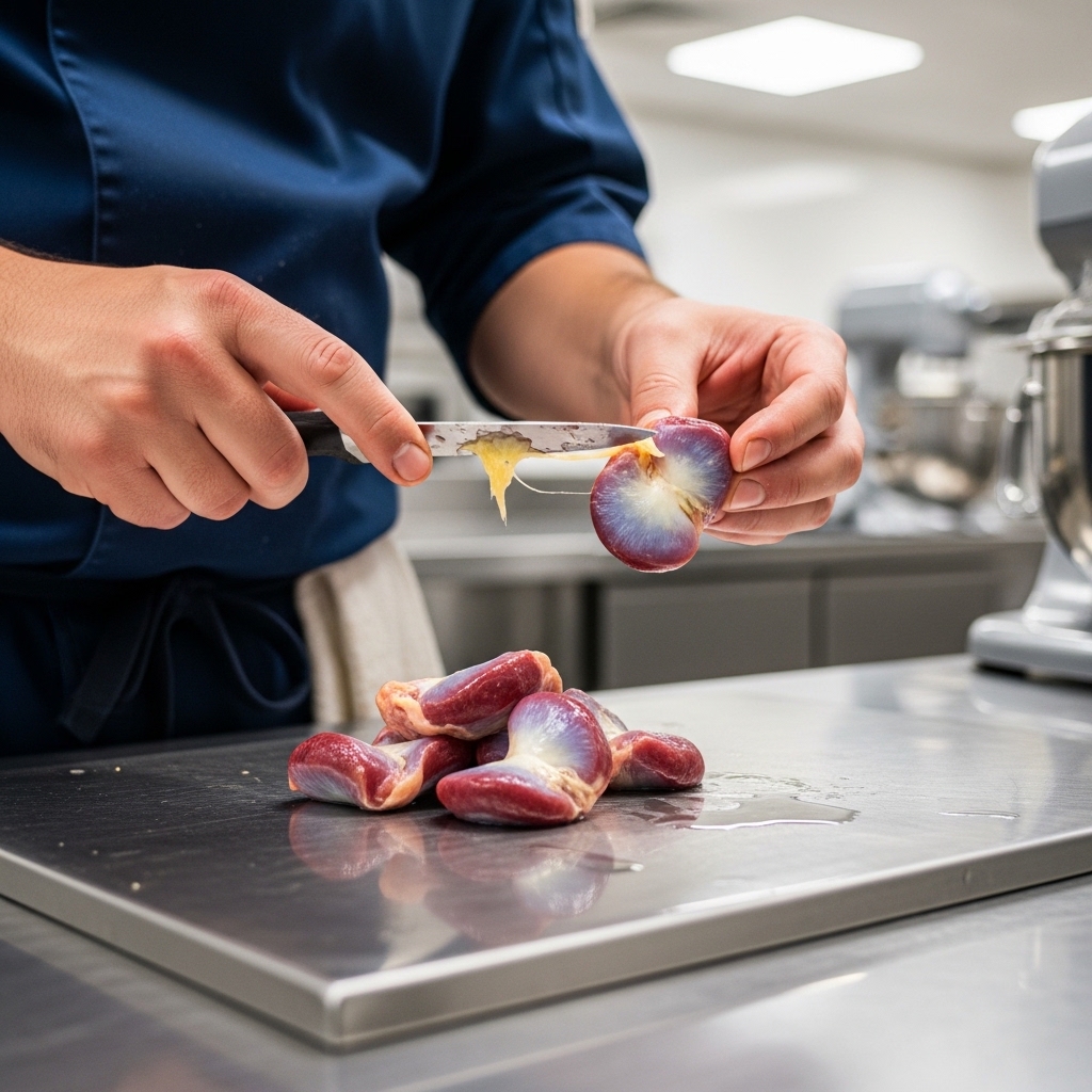 Teknik staf dapur membersihkan membran kuning sisa pada ampela ayam segar Tricik Cengkareng untuk menyajikan menu jeroan restoran B2B anti pahit