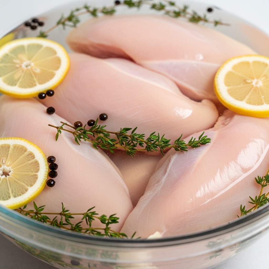 Proses teknik brining merendam boneless dada ayam segar Tricik Cengkareng dalam larutan garam agar daging juicy untuk menu makanan sehat B2B