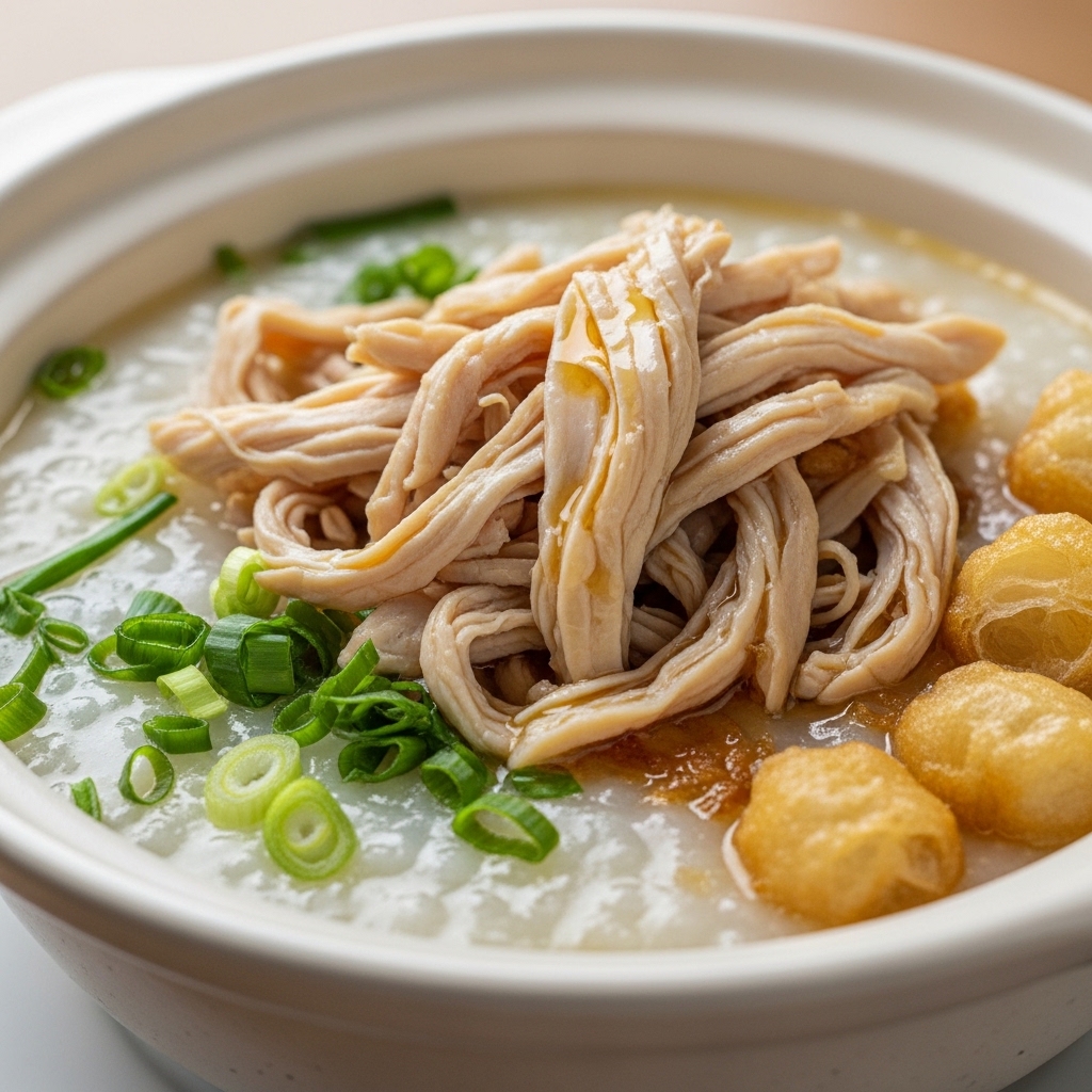 Suwiran paha ayam utuh segar Tricik Cengkareng yang basah dan juicy untuk topping bubur ayam Sukabumi porsi restoran B2B