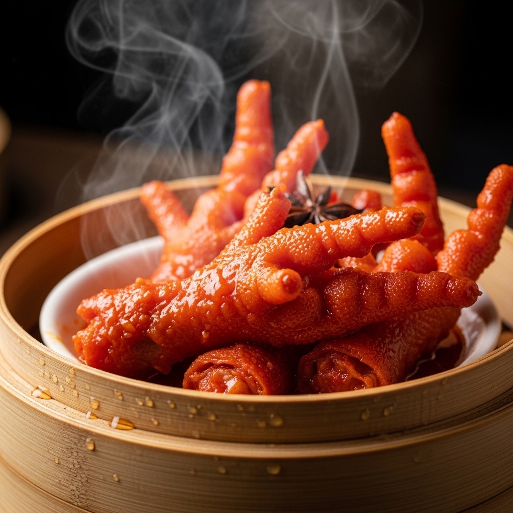 Tekstur kulit mekar keriting ceker ayam segar Tricik Cengkareng pada hidangan dimsum angsio untuk suplai restoran B2B