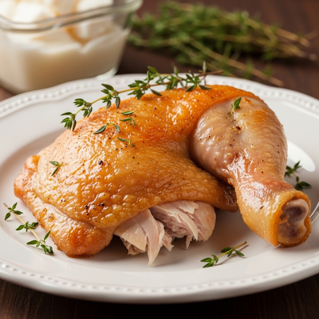 Sajian Chicken Confit klasik Prancis menggunakan bahan baku paha utuh segar dengan kulit mulus dari Tricik Cengkareng untuk restoran B2B