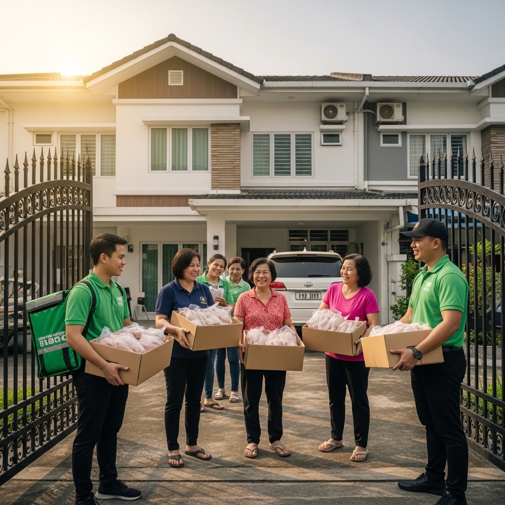 Pengiriman ayam potong segar harian Tricik Cengkareng dengan fasilitas gratis ongkir untuk pesanan kolektif group buying ibu-ibu perumahan B2C