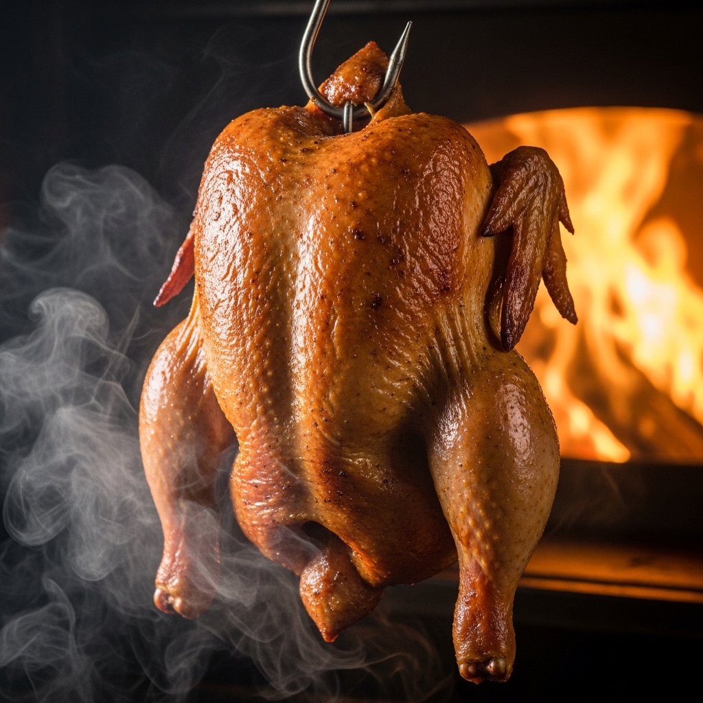 Hasil teknik hot smoking pada karkas ayam utuh segar Tricik Cengkareng dengan kulit yang dikeringkan sempurna untuk menu restoran BBQ B2B