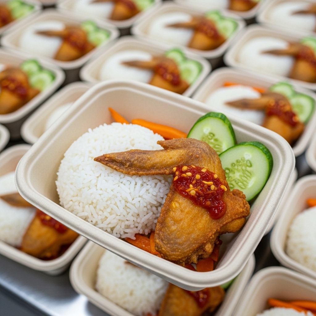 Paket hemat katering kampus menu nasi ayam goreng sayap utuh segar dari supplier Tricik Cengkareng untuk area kampus mahasiswa B2B