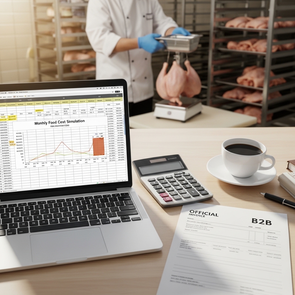 Strategi mengelola food cost restoran saat harga pasar ayam broker naik menggunakan analisis spreadsheet B2B.