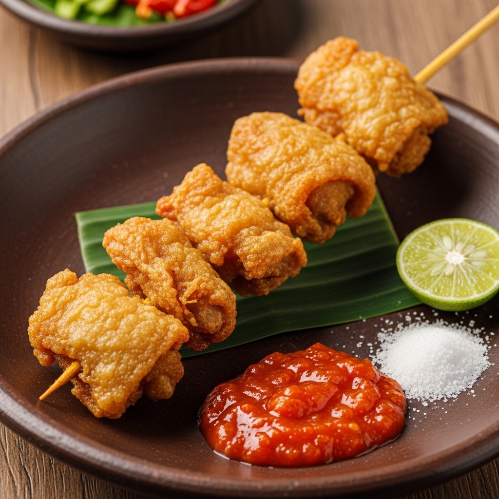 Sate taichan kulit ayam goreng garing anti amis menggunakan kulit bersih tanpa bulu dari Tricik Cengkareng untuk suplai restoran B2B