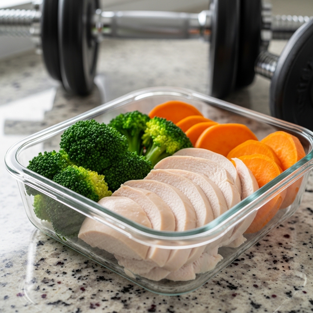 Wadah meal prep kedap udara berisi dada ayam rebus kaya protein dari boneless segar Tricik Cengkareng untuk menu post-workout gym harian B2C