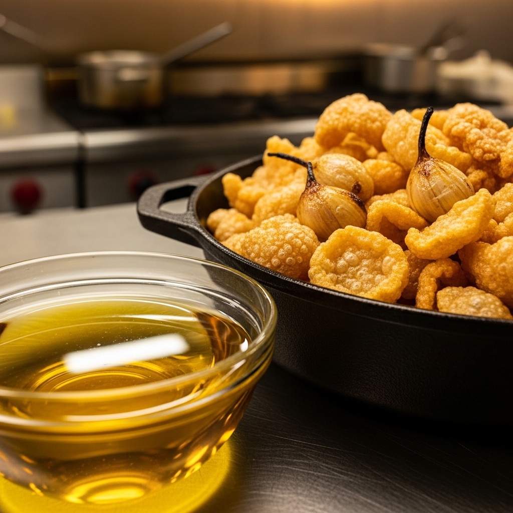 Minyak ayam bawang aromatik hasil rendering lemak brutu karkas ayam segar Tricik Cengkareng untuk menekan food cost bisnis mie ayam B2B