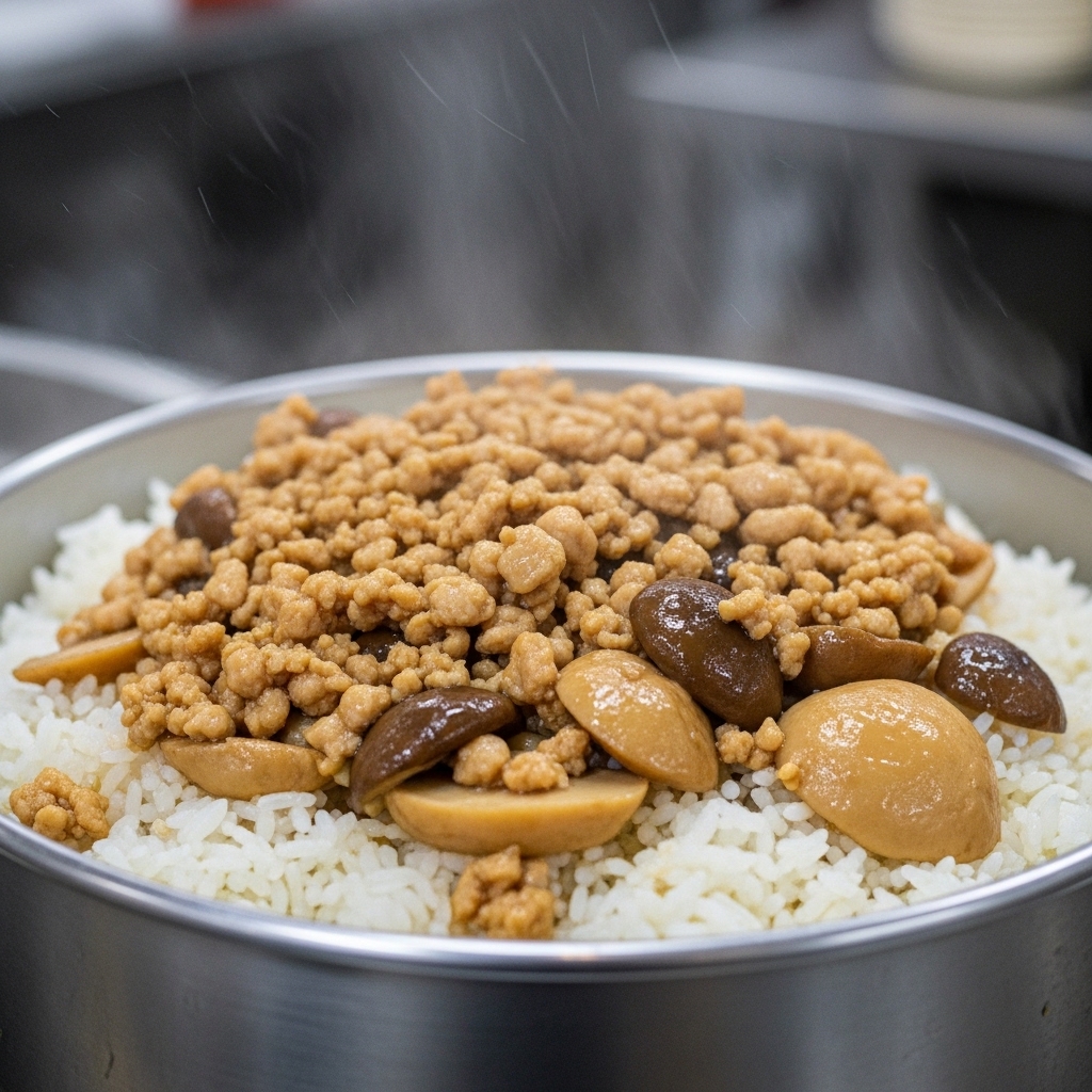 Sajian nasi tim ayam jamur sarapan pagi menggunakan karkas segar pengiriman pagi dari Tricik Cengkareng untuk efisiensi UMKM B2B