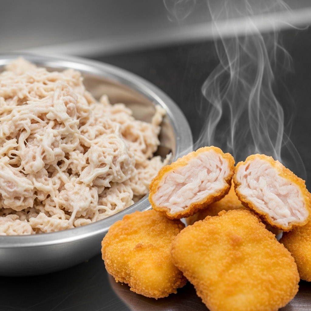 Adonan gilingan kasar dengan rasio daging dada dan kulit ayam segar Tricik Cengkareng untuk produksi nugget homemade juicy pesanan B2B