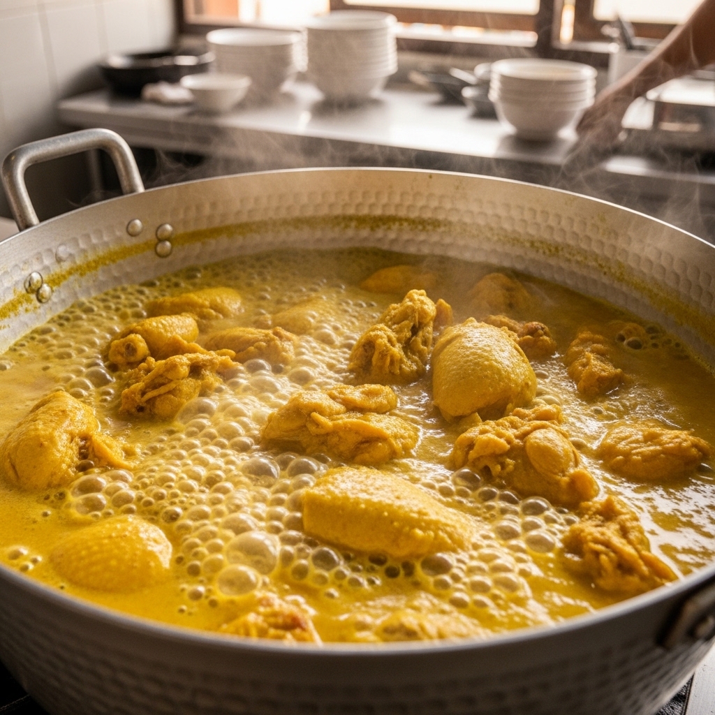 Ayam potong 10 segar fresh daily dari pengiriman pagi Tricik Cengkareng langsung masuk panci masakan opor lontong sayur B2B