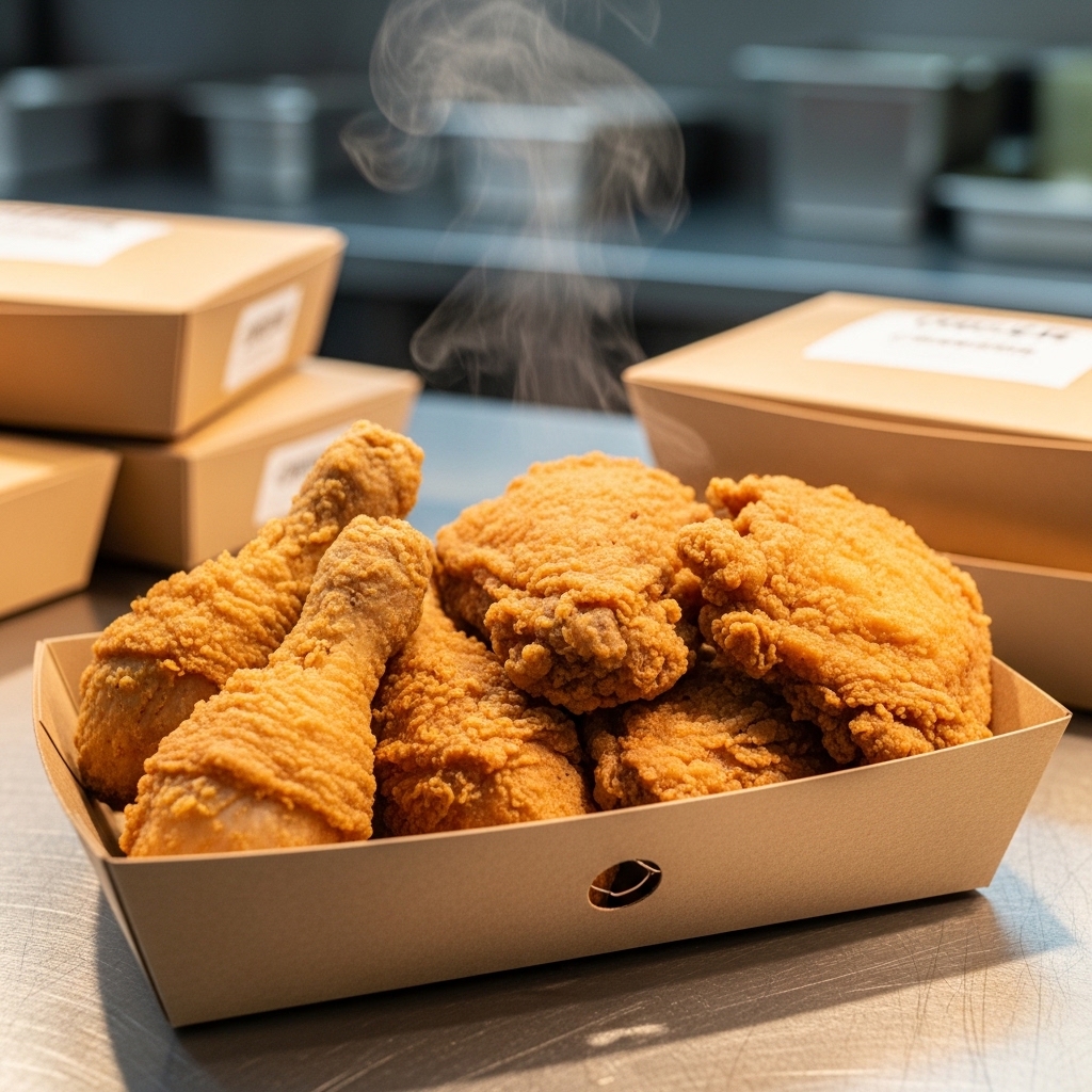 Kemasan delivery online berventilasi untuk menjaga ayam potong segar Tricik Cengkareng tetap krispi dan tidak lembek untuk bisnis ghost kitchen B2B