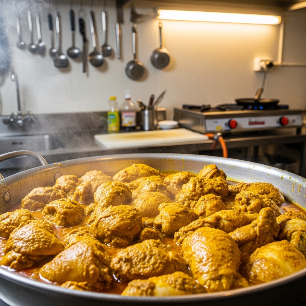 Potongan ayam potong segar Tricik yang diungkep bumbu kuning pagi hari untuk stok jualan pecel ayam tenda malam.