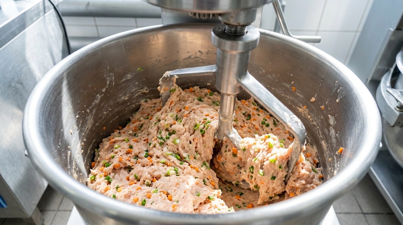 Pemeliharaan motor mesin mixer adonan Dapur MBG dari kerusakan dengan menggunakan gilingan dada ayam segar elastis produksi Tricik Cengkareng