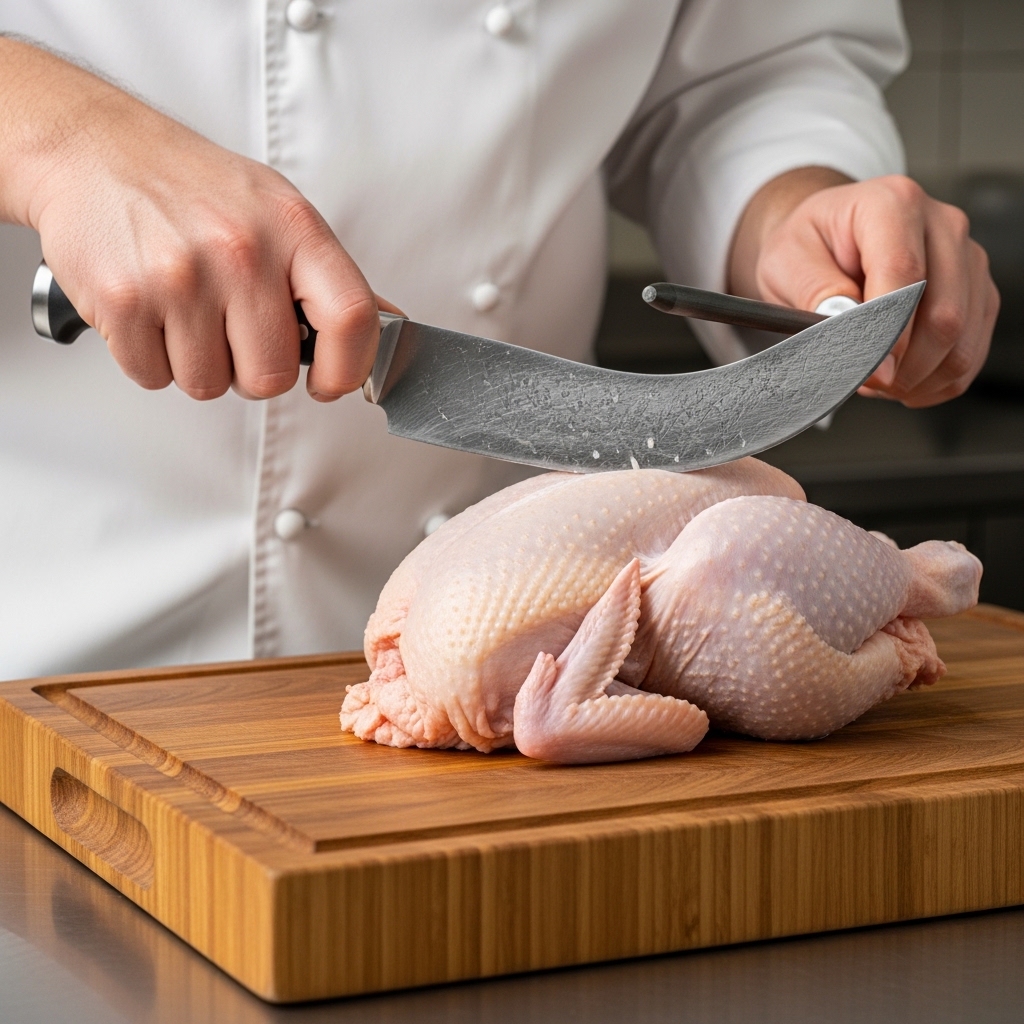 Perawatan pisau boning tajam untuk efisiensi memisahkan daging paha dari karkas ayam segar Tricik Cengkareng di dapur restoran B2B