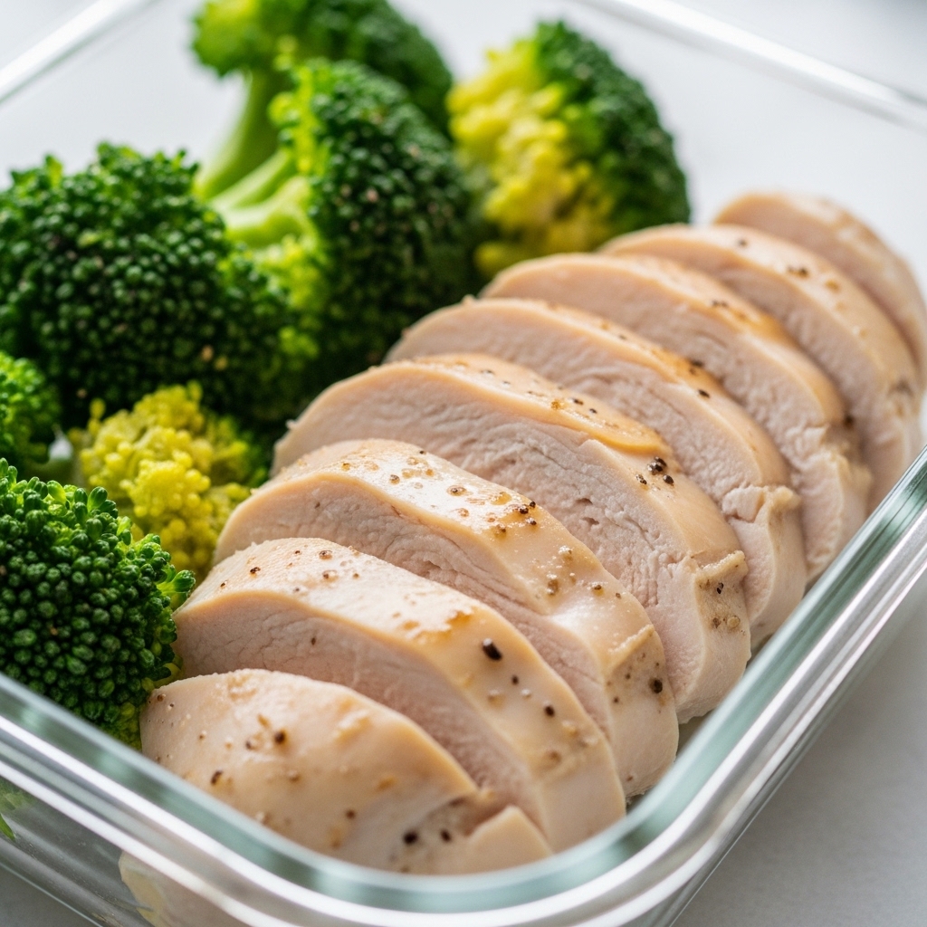 Potongan dada ayam rebus meal prep yang juicy dan tidak seret menggunakan pasokan boneless dada segar dari Tricik Cengkareng