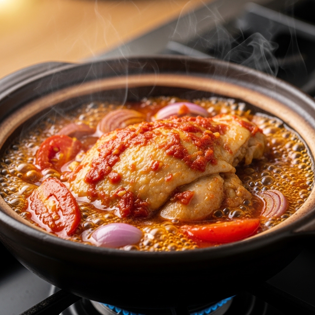 Potongan paha ayam boneless segar Tricik Cengkareng yang tahan panas ekstrem untuk menu viral Sambal Gami Bontang di atas cobek tanah liat bagi restoran B2B