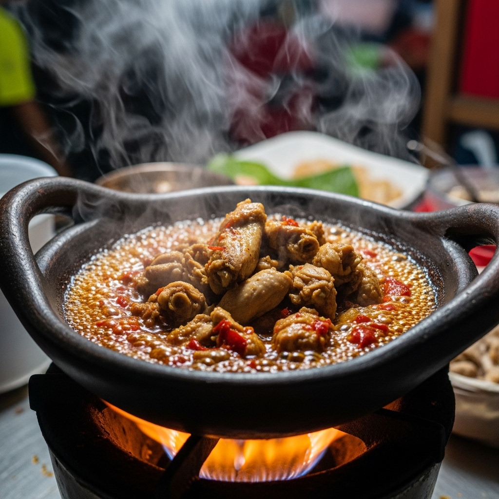 Potongan mikro karkas ayam potong segar pasokan Tricik Cengkareng yang dimasak langsung bersama sambal gami di atas cobek panas untuk warung B2B