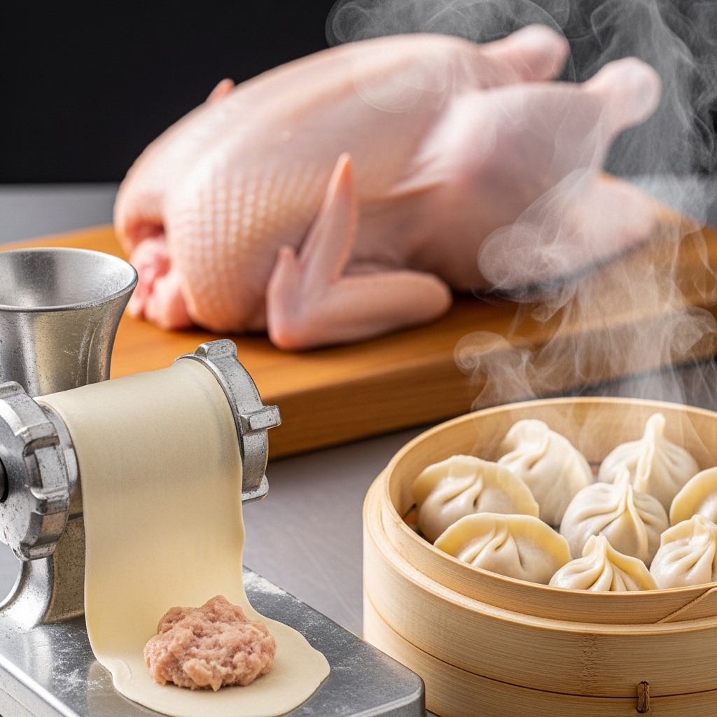 Pembuatan adonan siomay ayam kenyal hasil gilingan karkas utuh segar dari distributor Tricik Cengkareng untuk menekan HPP bisnis kuliner B2B