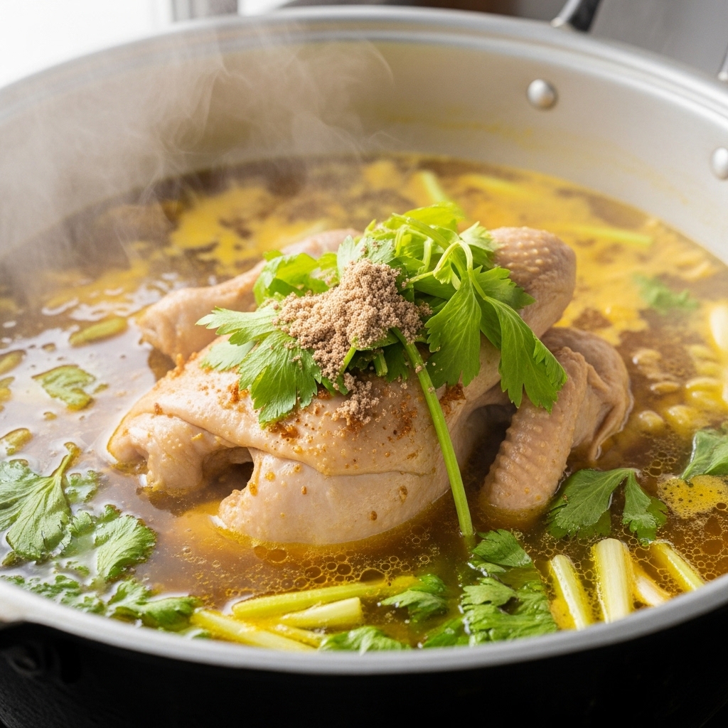 Rebusan karkas ayam utuh segar fresh daily Tricik Cengkareng untuk mengekstrak kaldu medok soto Lamongan UMKM B2B tanpa panci presto