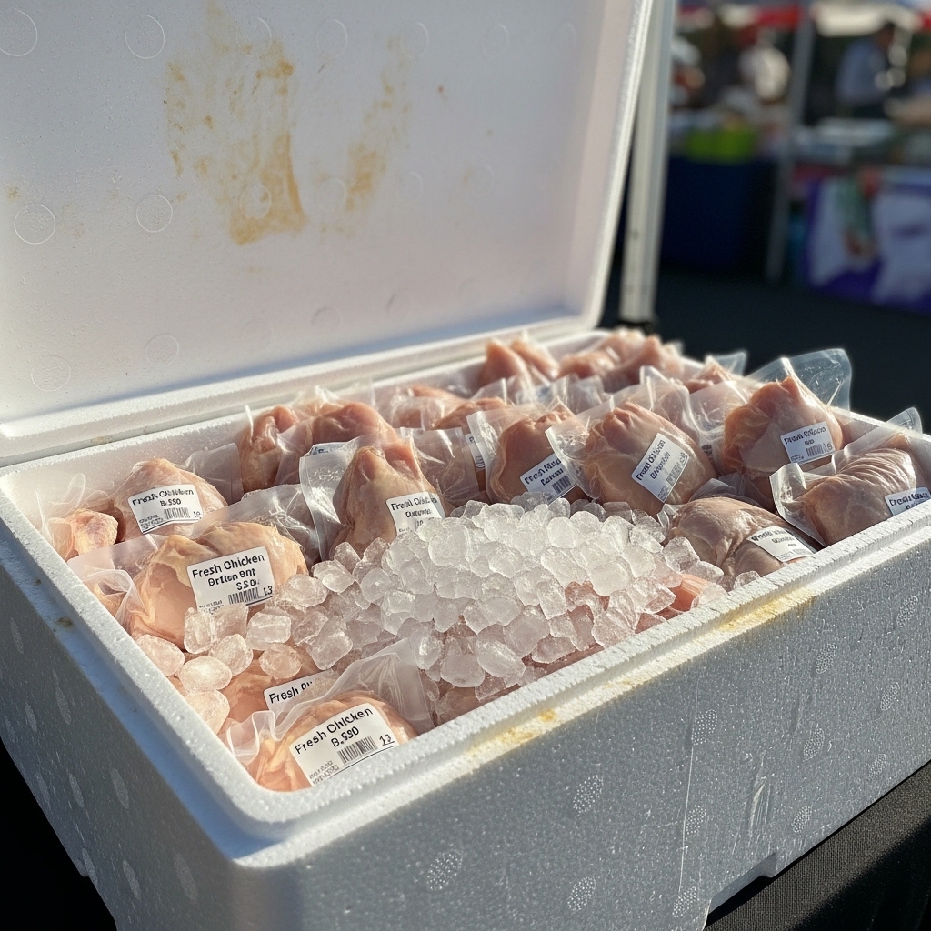 Manajemen stok ayam segar fresh daily Tricik menggunakan cool box styrofoam dan es batu untuk operasional tenant bazaar B2B tanpa kulkas