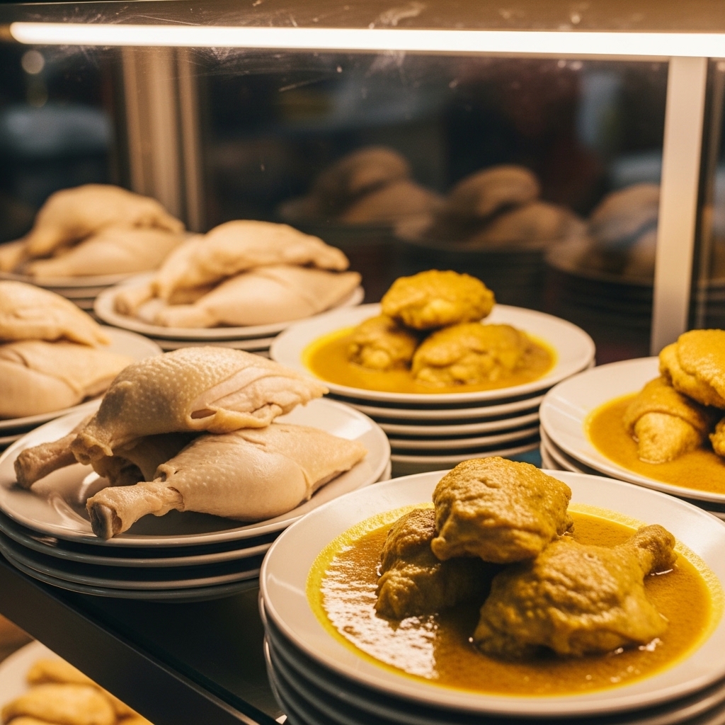 Etalase Rumah Makan Padang menampilkan lauk ayam gulai dan ayam pop parting 4 dari karkas segar 0.8 kg Tricik Cengkareng untuk bisnis B2B