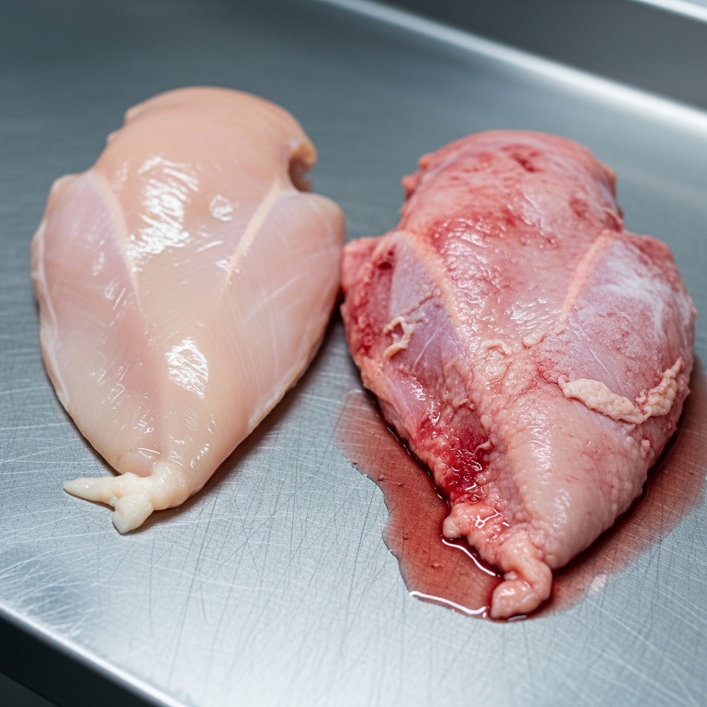 Perbandingan tekstur serat daging ayam segar Tricik Cengkareng dengan ayam beku freezer biasa untuk edukasi manajemen penyimpanan restoran B2B