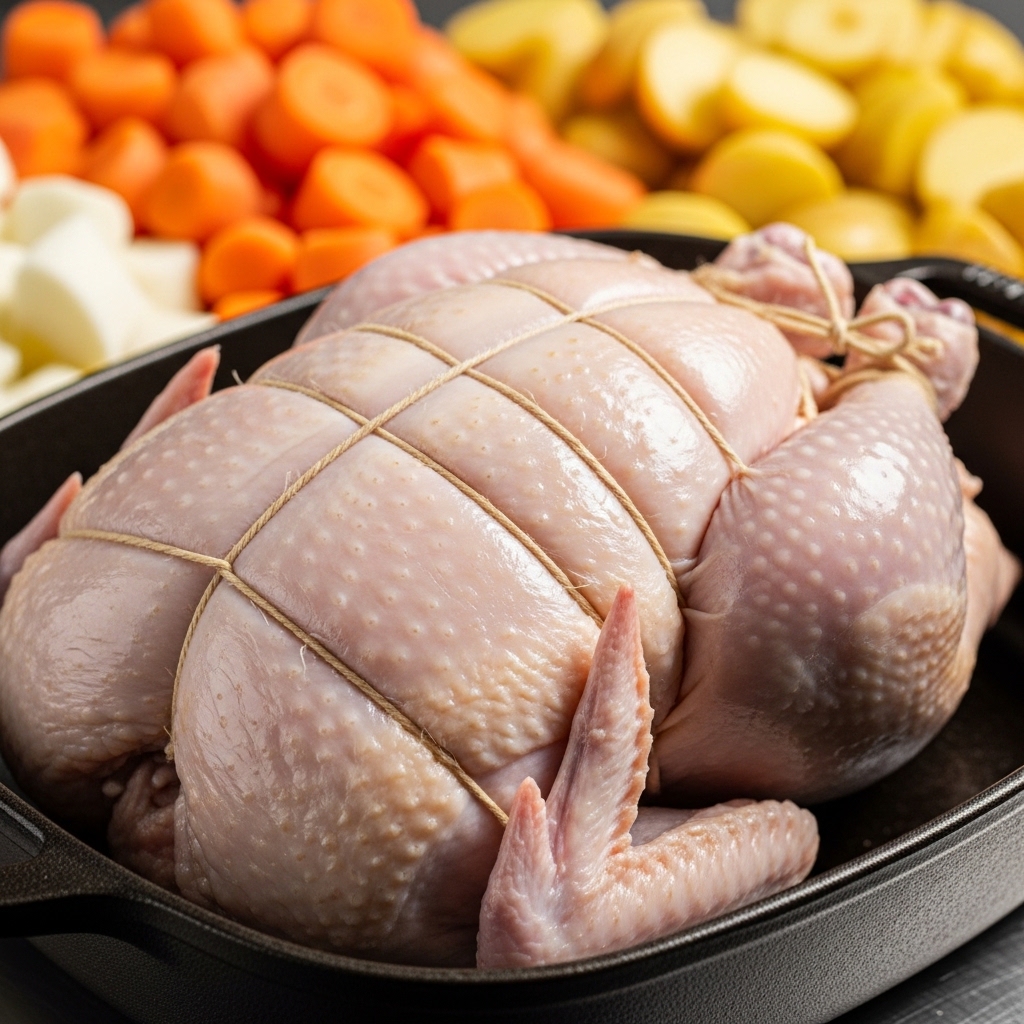 Karkas ayam segar ukuran 1.5kg dari Tricik Cengkareng yang diikat dengan teknik trussing untuk hidangan roast chicken restoran B2B