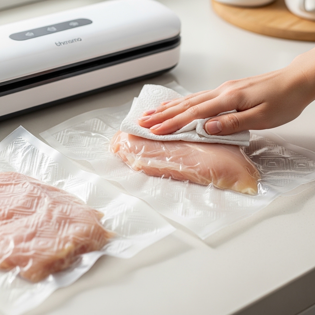 Tips mengeringkan ayam potong segar Tricik Cengkareng dengan tisu sebelum proses vacuum sealing mandiri untuk stok bulanan B2C