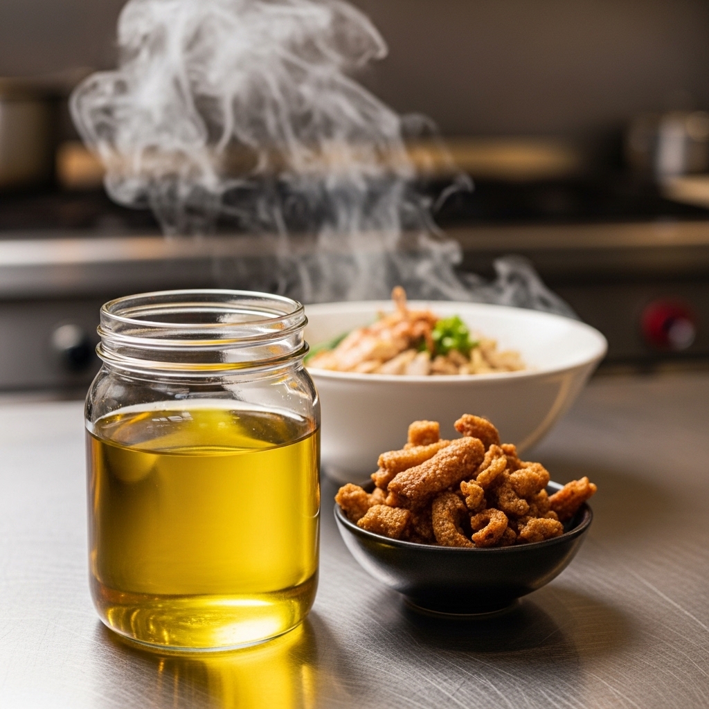 Hasil ekstraksi minyak ayam gurih (schmaltz) dari kulit ayam segar Tricik Cengkareng untuk bumbu rahasia mie ayam B2B