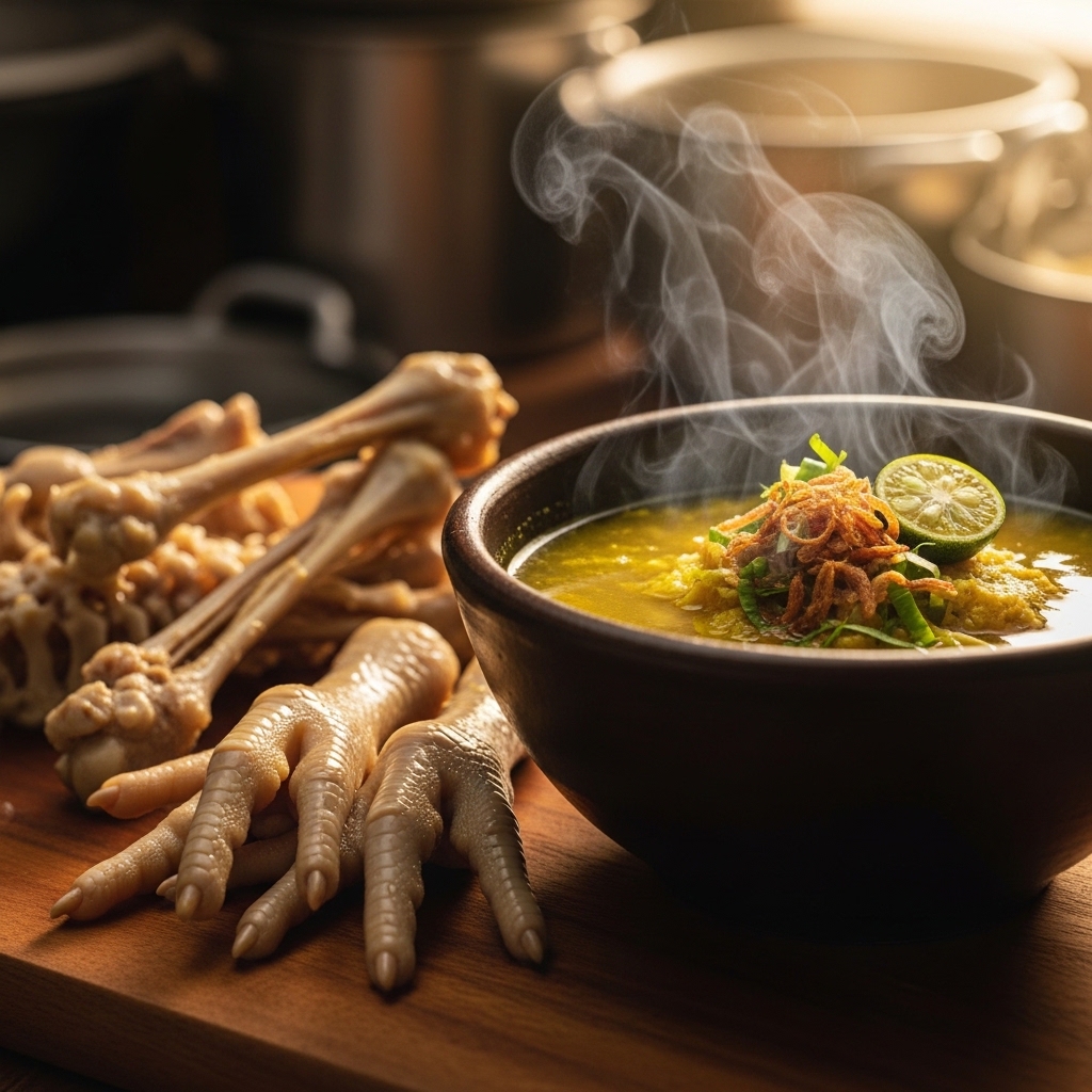 Bahan baku tulang rongkong dan ceker ayam segar dari distributor Tricik Cengkareng untuk membuat kaldu kuah Soto Lamongan yang gurih bagi restoran B2B