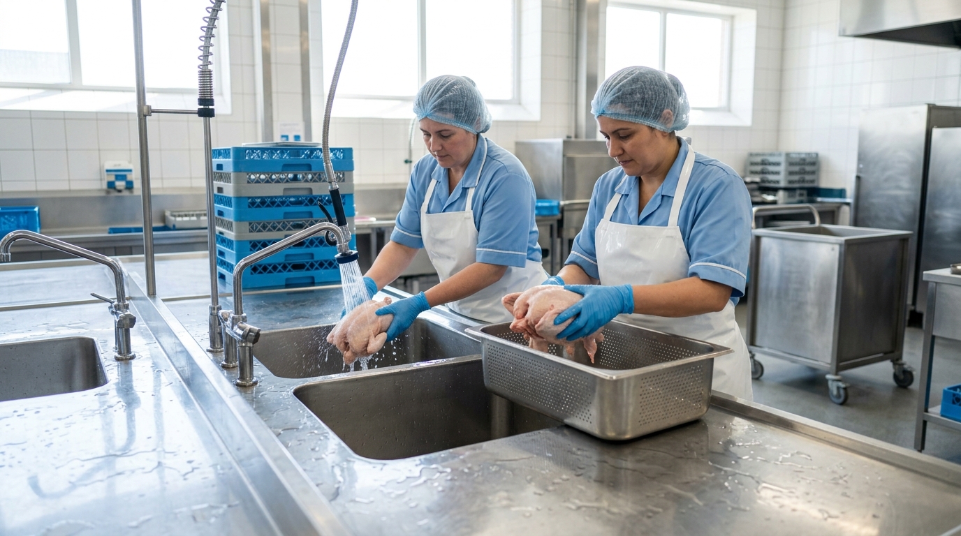 Efisiensi workflow pencucian karkas ayam segar Tricik di Dapur MBG untuk mencegah kontaminasi silang dan mempercepat alur kerja koki